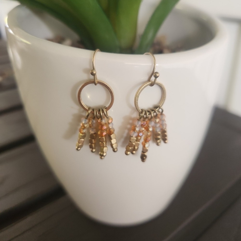 Elegant Gold and Orange And Pink Opal Beaded Earrings